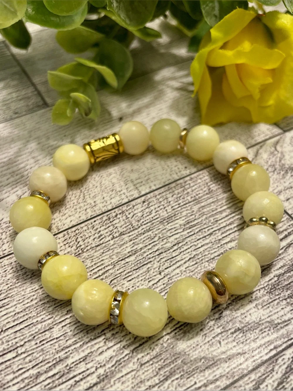 Yellow Quartz with Gold and CZ Accents 10mm stretch handmade butter yellow